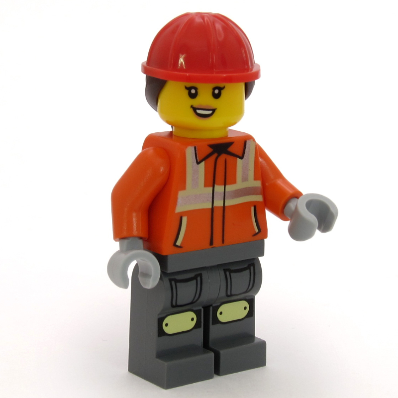 LEGO Construction Worker, Reddish Orange Jacket, Overall, Red Hard Hat with Dark Brown Ponytail (fig-017092)