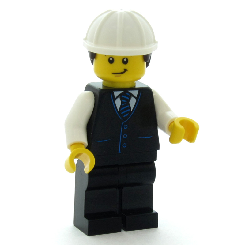 LEGO Man, Black Vest, Black Legs, White Hard Hat with Dark Brown Hair (fig-017093)