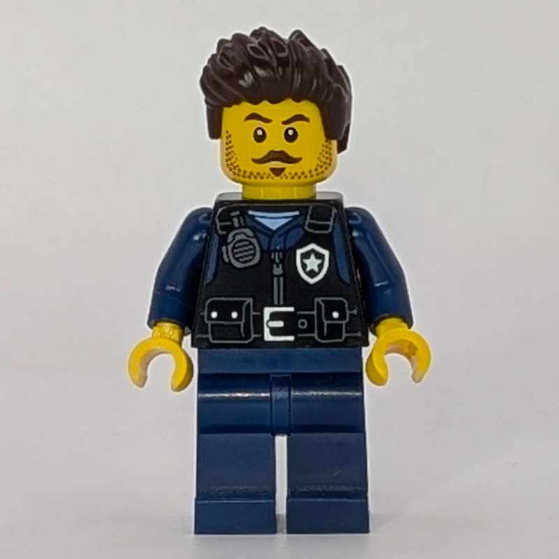 LEGO Police Officer, Black Vest, Dark Blue Legs, Dark Brown Hair, Moustache (fig-017094)