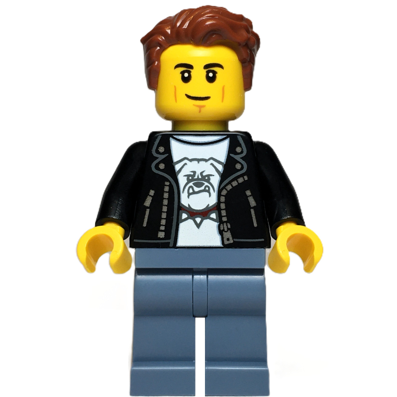 LEGO Man, Black Leather Jacket, Sand Blue Legs, Reddish Brown Hair (fig-017097)