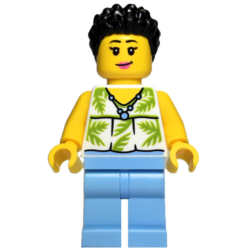 LEGO Woman, White Torso, Bright Light Blue Legs, Black Hair (fig-017100)