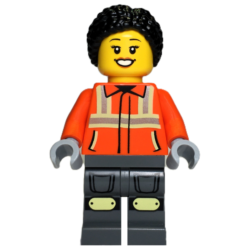 LEGO Construction Worker, Orange Safety Jacket, Dark Bluish Grey Legs, Black Hair (fig-017218)
