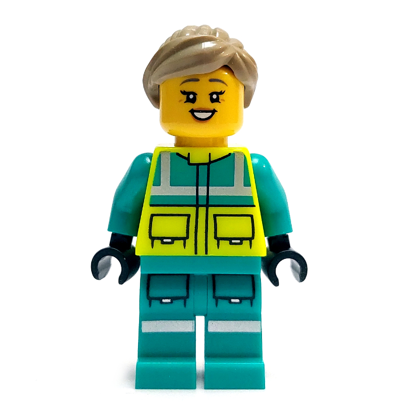LEGO Paramedic, Vibrant Yellow Safety Vest, Dark Turquoise Legs, Dark Tan Hair (fig-017283)