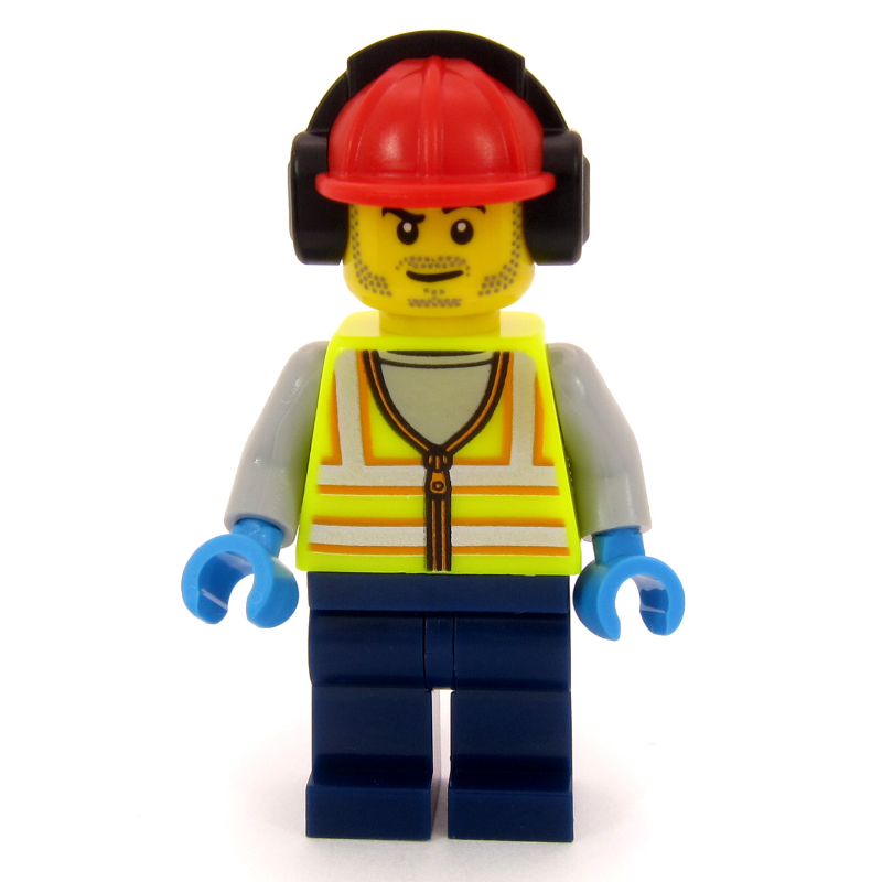 LEGO Airport Ground Crew Worker, Vibrant Yellow Torso, Dark Blue Legs, Red Hard Hat (fig-017294)