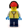 Airport Ground Crew Worker, Vibrant Yellow Torso, Dark Blue Legs, Red Hard Hat