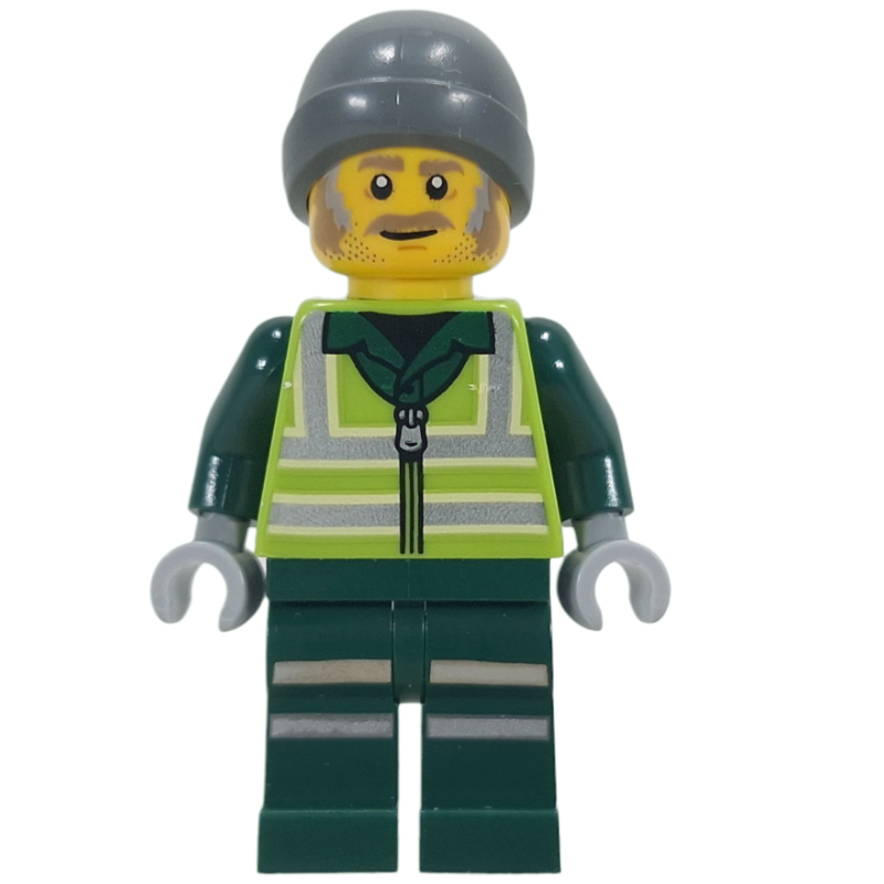 LEGO Recycling Worker, Lime Safety Vest, Dark Green Legs, Dark Bluish Grey Beanie (fig-017305)