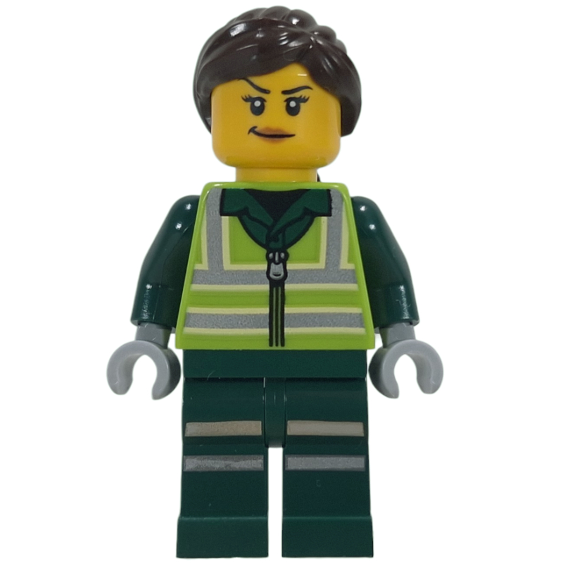 LEGO Recycling Worker, Lime Safety Vest, Dark Green Legs, Dark Brown Hair (fig-017306)