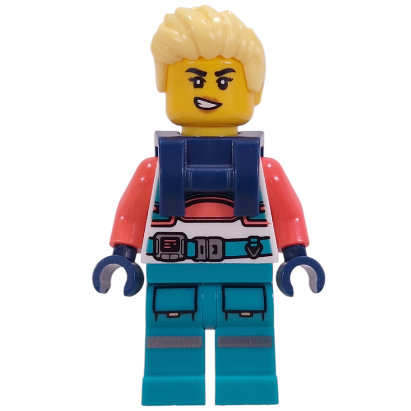 LEGO Astronaut, White/Coral Suit, Dark Turquoise Legs, Bright Light Yellow Hair, Harnass (fig-017375)