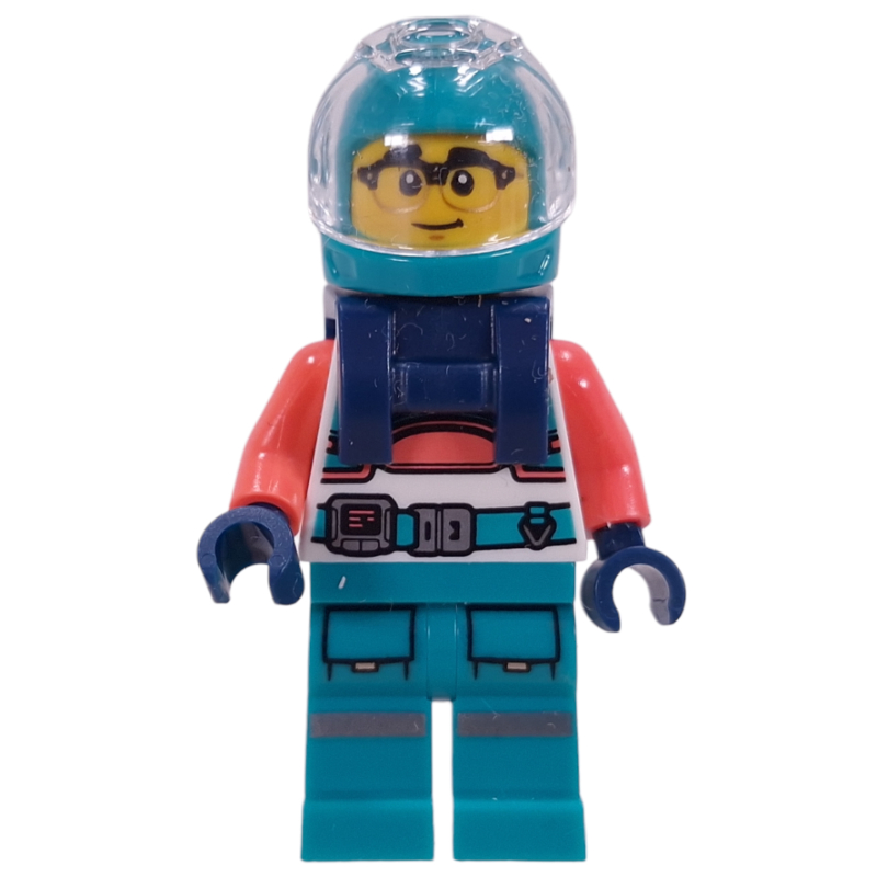 LEGO Astronaut, White/Coral Suit, Dark Turquoise Legs, Helmet, Dark Blue Harnass (fig-017383)