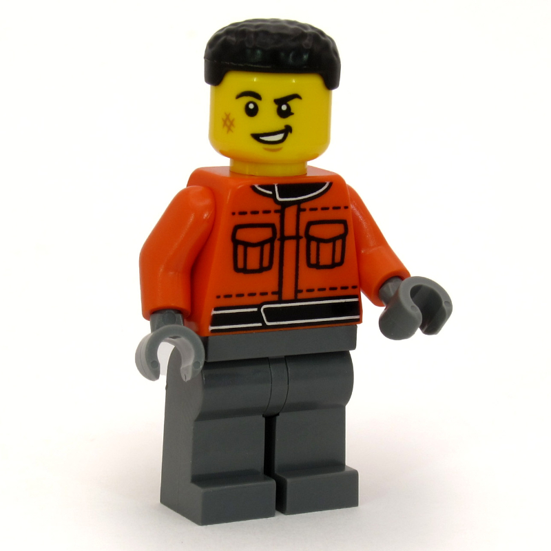 LEGO Pit Crew, Reddish Orange Jacket, Dark Bluish Gray Legs, Black Hair (fig-017479)