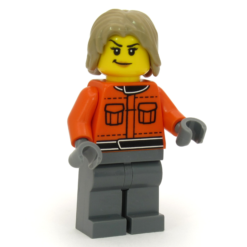 LEGO Pit Crew, Reddish Orange Jacket, Dark Bluish Gray Legs, Dark Tan Hair (fig-017480)