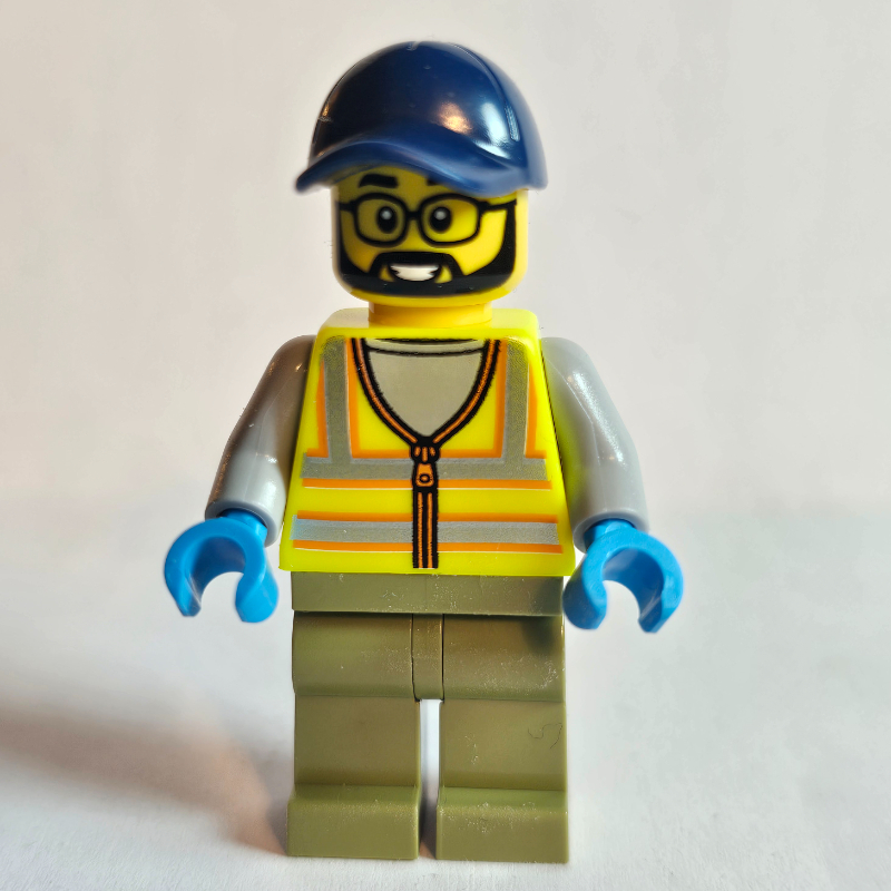 LEGO Construction Worker, Vibrant Yellow Safety Vest, Olive Green Legs, Dark Blue Cap (fig-017617)