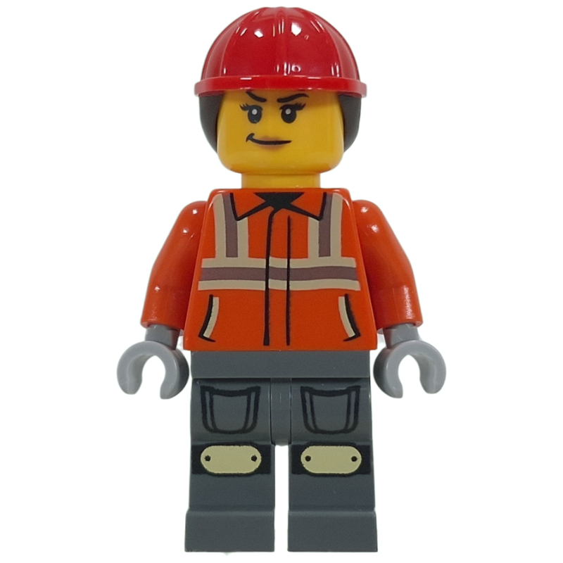 LEGO Construction Worker, Reddish Orange Jacket, Dark Bluish Gray Legs, Red Hard Hat with Ponytail (fig-017762)