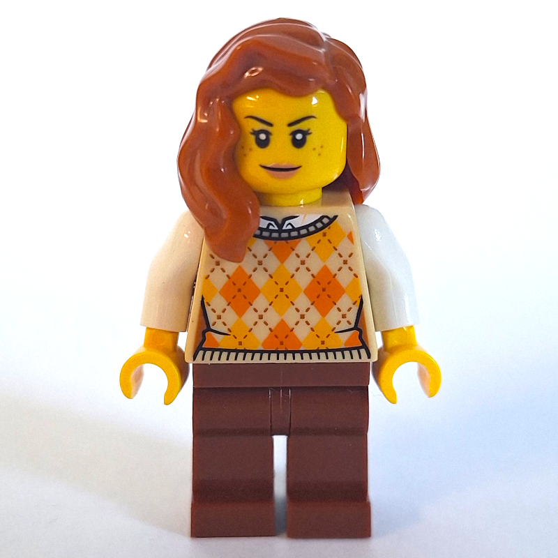 Woman, Tan Sweater, Reddish Brown Legs, Dark Orange Hair