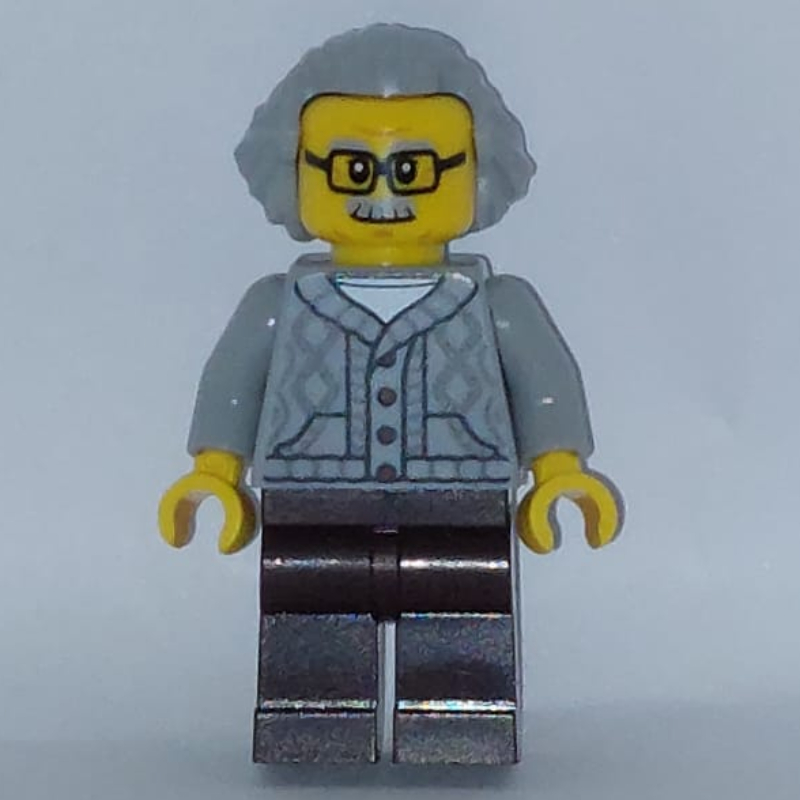 LEGO Man, Light Bluish Gray Cardigan, Dark Brown Legs, Light Bluish Gray Hair (fig-017773)