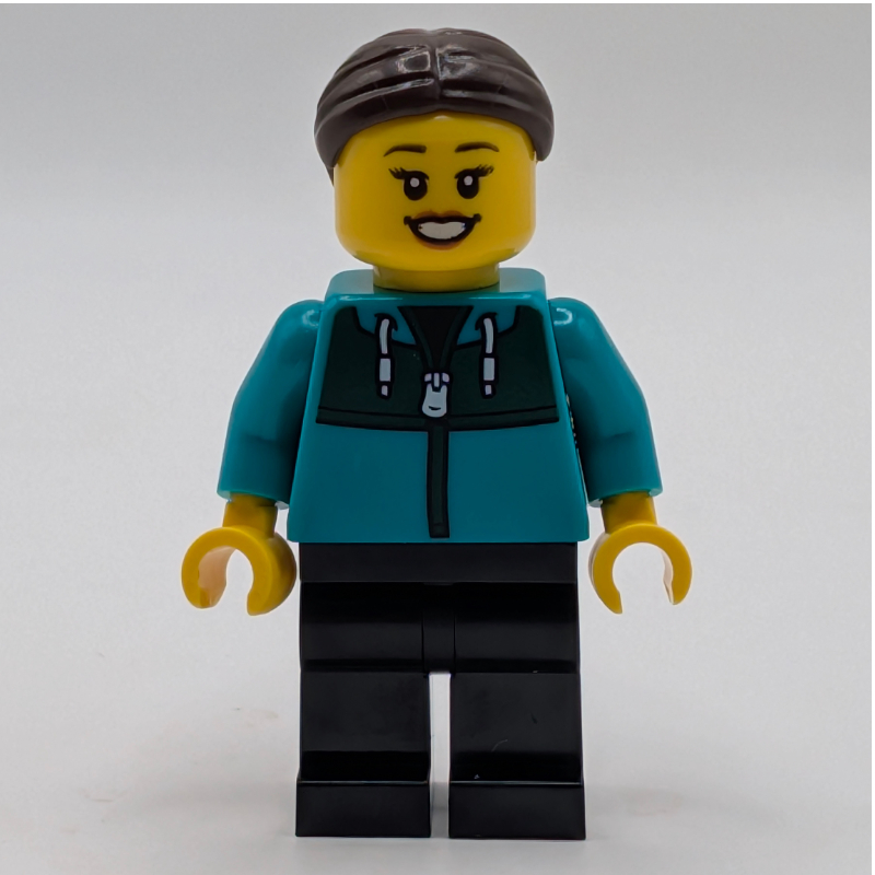 LEGO Woman, Dark Turquoise Hoodie, Black Legs, Dark Brown Hair (fig-017779)