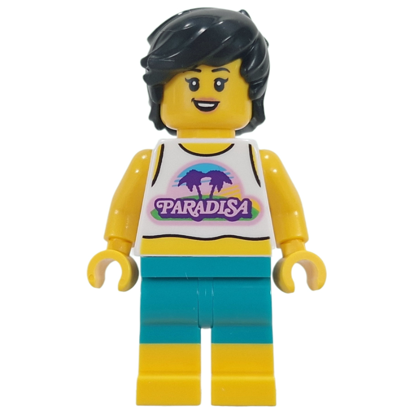 LEGO Woman, White Vest, Dark Turquoise Shorts, Black Hair (fig-017792)