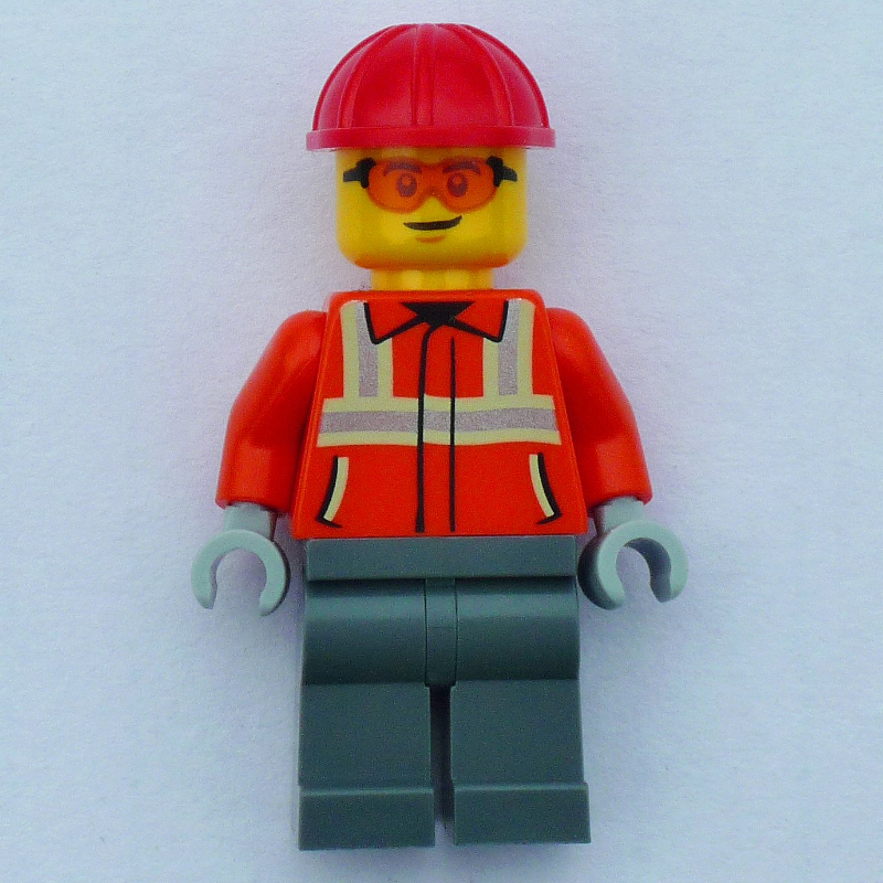 LEGO Construction Worker, Reddish Orange Jacket, Red Hard Hat (fig-017972)