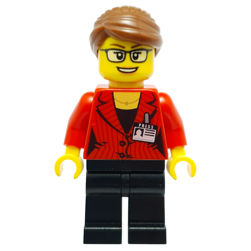 LEGO Woman, Red Jacket, Black Legs, Reddish Brown Hair. Press Badge (fig-018065)